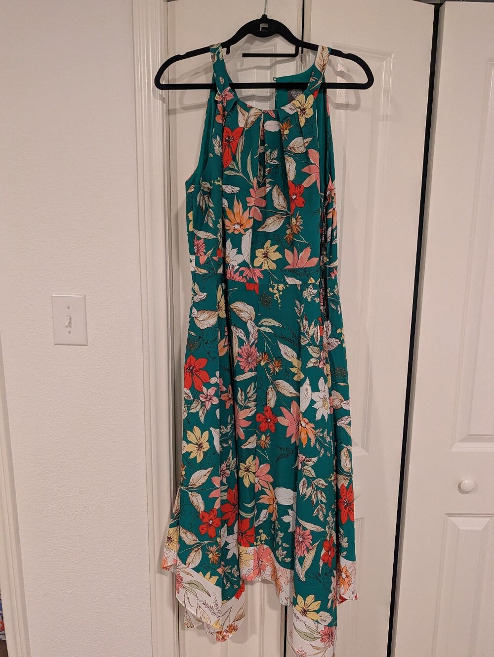 Vince Camuto Green Floral Halter Handkerchief Hem Midi Dress Size 14 Boho